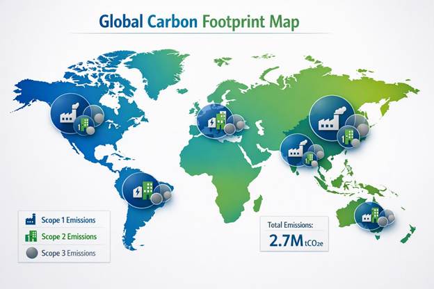 Global carbon footprint map showing emission intensity across countries and Scope 1, Scope 2 and Scope 3 categories