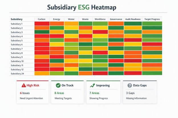 Subsidiary ESG Heatmap showing ESG performance status across subsidiaries and sustainability categories